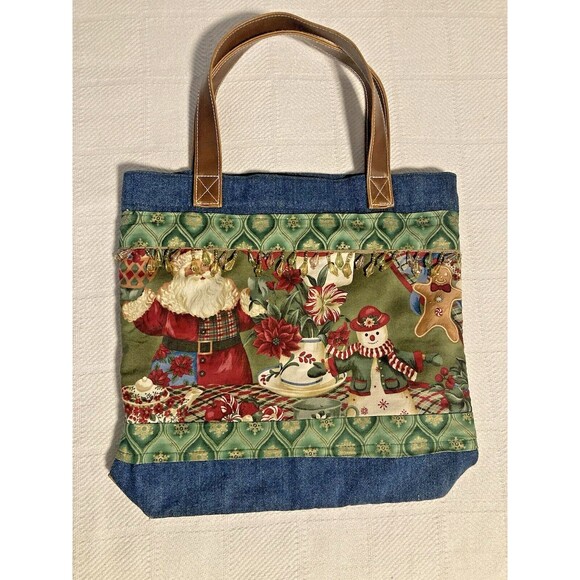 Handmade Handbags - CHRISTMAS Santa Snowman Denim Tote Purse Bag with Beads Vintage 12x12x2-3/4